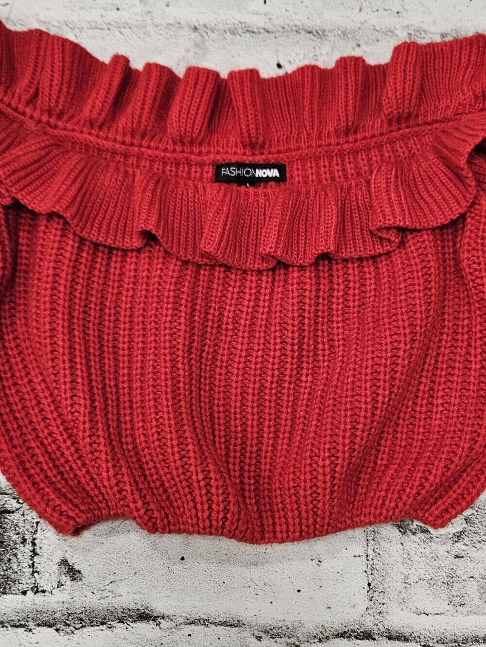 Fashion Nova Red Off Shoulder Ruffle Sleeve Knit Crop Sweater Top L - Picture 8 of 9